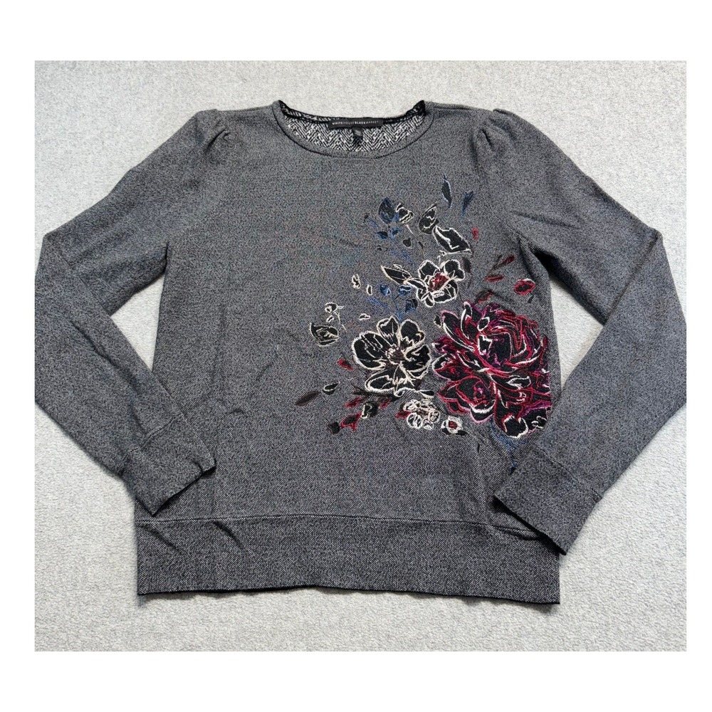 White House Black Market Sweatshirt Womens L Grey Floral Embroidered Puff Sleeve